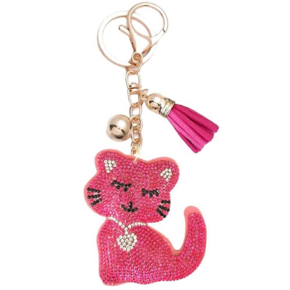 Bling Rhinestone Fuchsia Kitty Cat Puffy Tassel Keychain